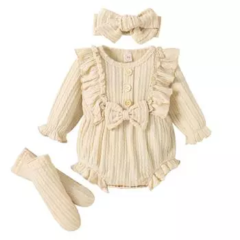 Весенне-осенняя одежда из 3 предметов для новорожденных девочек, комбинезон с длинными рукавами и пуговицами спереди с рюшами + носки + комплект с повязкой на голову 0-3 Months белый