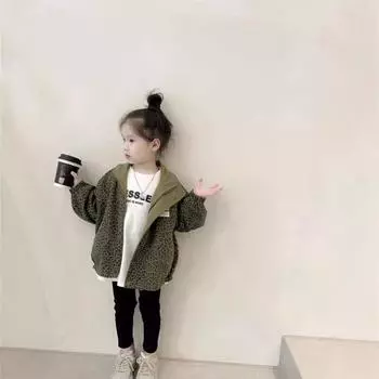 Весенне-осенняя одежда с длинными рукавами для детей, верхняя одежда для мальчиков и девочек, леопардовая куртка с обеих сторон, свободное пальто для детей 100cm зелёный