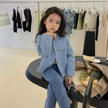 Весенне-осенняя однобортная блузка с круглым вырезом для девочек, повседневная однотонная детская куртка среднего и большого размера 140 чёрный