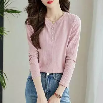 Весенне-осенняя однотонная футболка для женщин, осенний стиль, длинный рукав, тонкий бархат, облегающий топ с V-образным вырезом M розовый