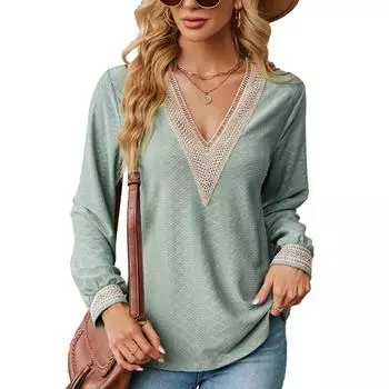 Весенне-осенняя однотонная кружевная лоскутная блузка с v-образным вырезом, рубашка с длинным рукавом, свободные женские топы больших размеров S