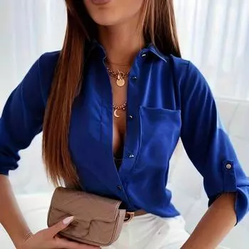 Весенне-осенняя однотонная рубашка с длинным рукавом, женская однобортная повседневная женская блузка, офисные простые женские топы с отложным воротником 30437 S синий