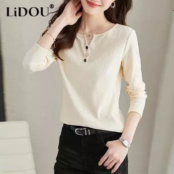 Весенне-осенняя однотонная универсальная футболка с длинным рукавом, повседневный модный топ, женский простой винтажный пуловер, футболки S абрикосовый