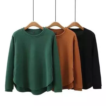 Весенне-осенняя однотонная женская толстовка, повседневные топы с дугообразным низом, круглая горловина, длинный рукав, большие размеры XXXXL чёрный