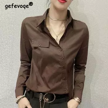 Весенне-осенняя офисная женская элегантная модная рубашка большого размера на пуговицах, женская универсальная повседневная блузка с длинными рукавами, женская одежда S белый