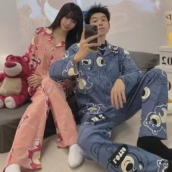Весенне-осенняя пижама для пар с мультяшным медведем - милый комплект домашней одежды унисекс для мужчин и женщин