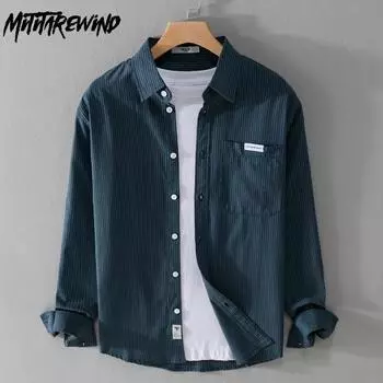 Весенне-осенняя полосатая мужская рубашка с длинным рукавом, повседневные рубашки с карманами, рубашка с отложным воротником, новая мода, простой стиль, мужские топы, универсальные M серый