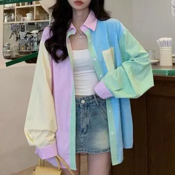 Весенне-осенняя полосатая рубашка с длинным рукавом, топы для женщин, мода 2024, свободная повседневная блузка на пуговицах, женские офисные женские рубашки ярких цветов с контрастом 24345 M