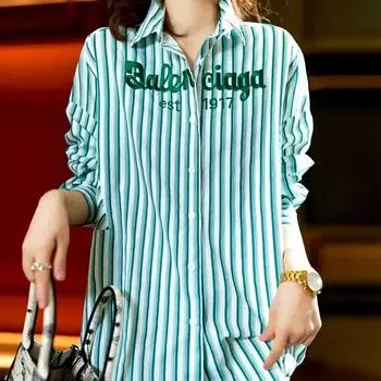 Весенне-осенняя полосатая стильная блузка с вышивкой букв, корейская свободная женская одежда, однобортная рубашка миди с лацканами для поездок на работу L хаки