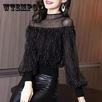 Весенне-осенняя полуводолазка с длинным рукавом и сетчатым низом, рубашка с рукавами-фонариками, топ XXXL чёрный