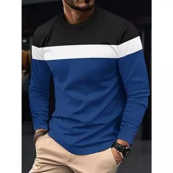 Весенне-осенняя повседневная мужская футболка с круглым вырезом, классическая модная однотонная с принтом, длинный рукав, 2025, трендовая мужская одежда S