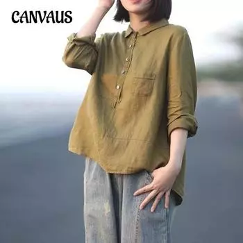 Весенне-осенняя повседневная свободная однотонная рубашка в стиле ретро в стиле ретро, женская хлопково-льняная рубашка с длинными рукавами с лацканами, рубашка больших размеров