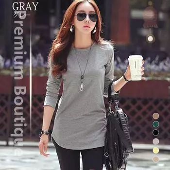 Весенне-осенняя японская и корейская трикотажная футболка с круглым вырезом и длинными рукавами для женщин, однотонный тонкий топ для женщин XL чёрный