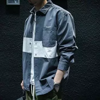 Весенне-осенняя японская рабочая рубашка с блокировкой цветов, мужская корейская версия с длинными рукавами, свободная красивая повседневная лоскутная куртка-рубашка M темно-серого