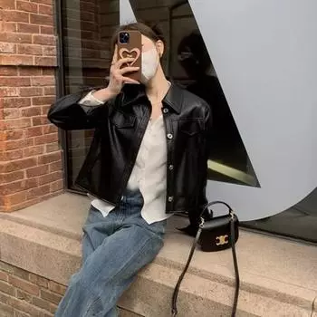 Весенне-осенняя ретро-кожаная куртка женская с лацканами однобортная приталенная короткая куртка-топ S