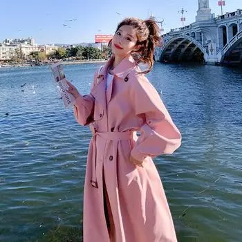 Весенне-осенняя розовая ветровка, женская куртка средней длины с поясом, элегантная дорожная куртка S розовый