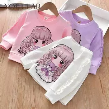 Весенне-осенняя рубашка для девочек, детская хлопковая футболка, свитер с круглым вырезом и длинными рукавами 110 розовый