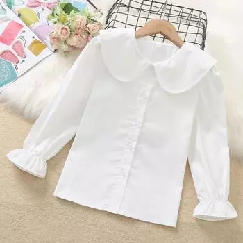 Весенне-осенняя рубашка для девочек, новые корейские белые блузки с длинными рукавами, универсальные топы с кукольным воротником, детская одежда