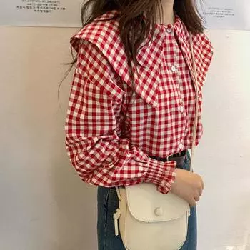 Женская рубашка в розовую клетку, американская всесезонная, с карманом в виде буквы, с длинными рукавами, воротником-лацканом, повседневные универсальные топы с галстуком M