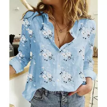 Весенне-осенняя рубашка с цветочным принтом, повседневные свободные хлопковые льняные рубашки с длинными рукавами, женские топы больших размеров S белый