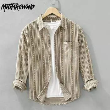 Весенне-осенняя рубашка с длинным рукавом для мужчин, повседневные рубашки, полосатая рубашка с принтом, японские вельветовые мужские топы, винтажная одежда M зелёный