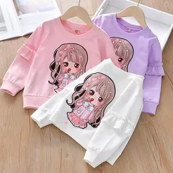 Весенне-осенняя рубашка с длинными рукавами для девочек, новинка 2022 года, детская хлопковая футболка, свитер с круглым вырезом, топы 90 розовый