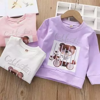 Весенне-осенняя рубашка с длинными рукавами для девочек, детская хлопковая футболка с круглым вырезом и принтом мультфильмов, детский свитер 90