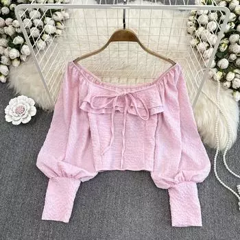 Весенне-осенняя рубашка с квадратным вырезом, женская рубашка с круглым вырезом, высокой талией, рюшами-фонариками, топ с ключицей и длинными рукавами