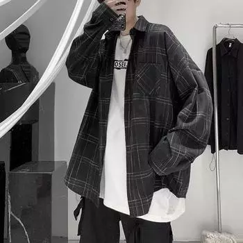 Весенне-осенняя рубашка в клетку с длинными рукавами, мужская модная свободная повседневная рубашка в гонконгском стиле, красивое универсальное студенческое пальто в корейском стиле M чёрный