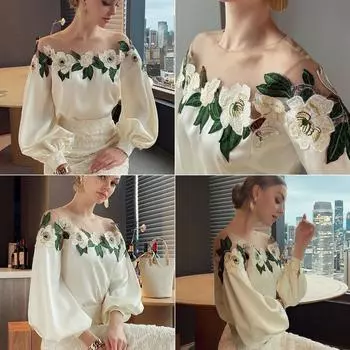 Весенне-осенняя сетчатая лоскутная атласная блузка, элегантная рубашка с вышивкой, топы с круглым вырезом, женская одежда с длинными рукавами-фонариками 24976 M бежевый