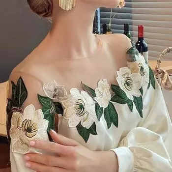 Весенне-осенняя сетчатая лоскутная атласная рубашка, элегантная рубашка с вышивкой, топ с круглым вырезом, длинные рукава-фонарики, женская одежда S зелёный