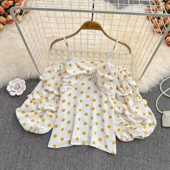 Весенне-осенняя сексуальная шифоновая рубашка на одно плечо с открытыми плечами, женская шикарная короткая рубашка с объемными рукавами и бантом