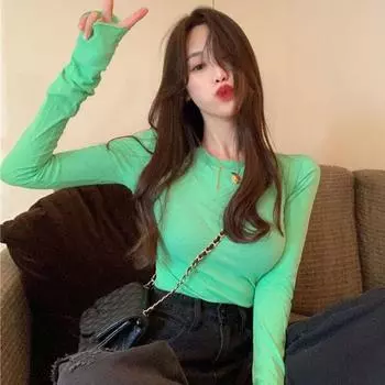 Весенне-осенняя сексуальная женская футболка с круглым вырезом и длинным рукавом, корейская облегающая футболка, повседневные однотонные топы