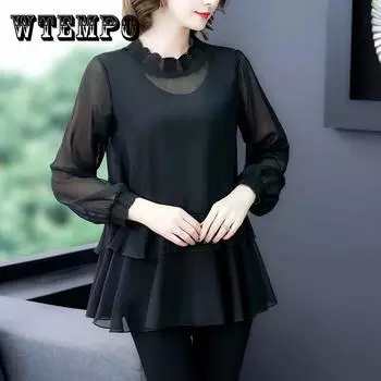 Весенне-осенняя сексуальная женская прозрачная блузка, черный перспективный топ, модная прозрачная прозрачная футболка с длинными рукавами, пуловер XXXXXL чёрный