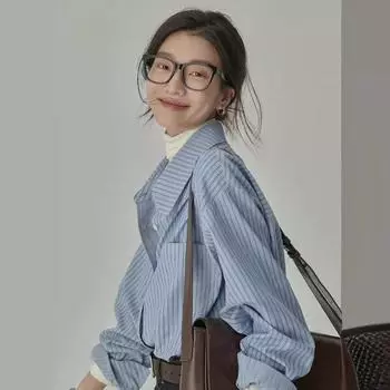Весенне-осенняя синяя полосатая рубашка в гонконгском стиле в стиле ретро, женская свободная тонкая рубашка с сложенным дизайном Sense Tide S синий
