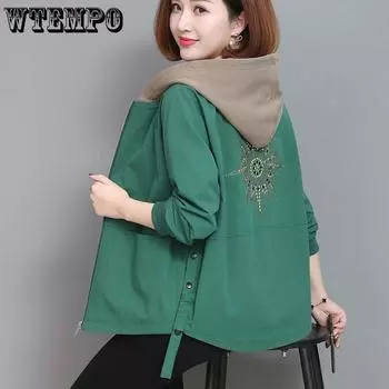 Весенне-осенняя свободная куртка, женская повседневная карманная ветровка с длинными рукавами, женские пальто на молнии с капюшоном, женские пальто M зелёный