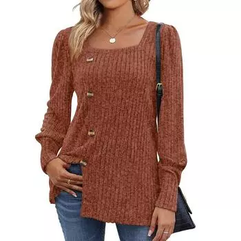 Весенне-осенняя свободная повседневная футболка с длинными рукавами и круглым вырезом, женский модный топ с круглым вырезом S кирпич красный