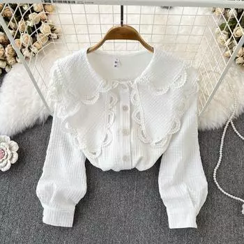 Весенне-осенняя Свободная рубашка с кукольным воротником во французском стиле ретро, женская повседневная универсальная милая однобортная футболка, уменьшающая возраст