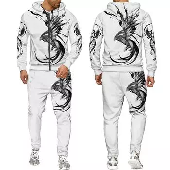 Весенне-осенняя татуировка Феникса с 3D принтом, мужские костюмы с капюшоном, спортивные костюмы, толстовки с длинными рукавами, спортивные штаны, мужская уличная одежда, комплект из 2 предметов M