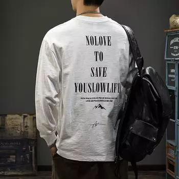 Весенне-осенняя текстура бамбукового хлопка мужская футболка с длинным рукавом ретро модная брендовая футболка с принтом осенний свободный свитер M белый