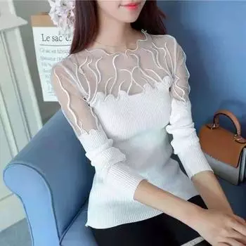 Весенне-осенняя тонкая эластичная нижняя рубашка, женский однотонный трикотаж, свитер, футболка с кружевными рукавами-лепестками, новый вязаный топ XXXL белый