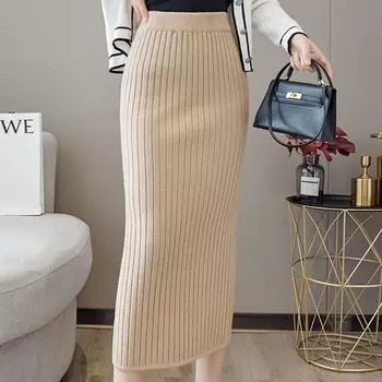 Весенне-осенняя трикотажная женская юбка средней длины с разрезом на бедрах, с высокой талией, с эластичной резинкой на талии, прямая юбка-труба S чёрный