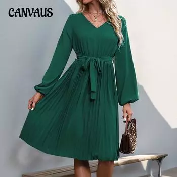 Весенне-осенняя юбка с длинным рукавом и v-образным вырезом, женское плиссированное кружевное платье с завязками S зелёный