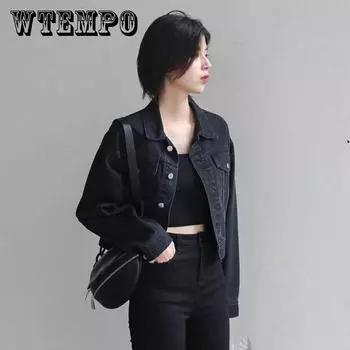 Весенне-осенняя уличная свободная черная короткая джинсовая куртка в стиле ретро с длинными рукавами для женщин XL