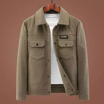Весенне-осенняя вельветовая куртка, однотонная ретро-куртка, мужская повседневная мужская майка с несколькими карманами и лацканами M хаки