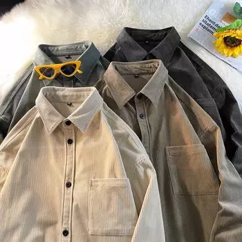 Весенне-осенняя вельветовая рубашка с длинным рукавом, мужская винтажная американская ретро-рабочая одежда, пальто, модный повседневный топ M темно-коричневого