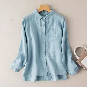Весенне-осенняя верхняя хлопково-льняная блузка женская свободная рубашка с лацканами в стиле ретро M