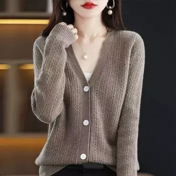 Весенне-осенняя верхняя одежда, женский трикотаж, зима 2022, новый кардиган, свитер, свободный кардиган с длинными рукавами и v-образным вырезом, женский топ One Size зелёный