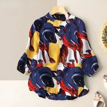 Весенне-осенняя верхняя женская блузка с цветочным принтом, повседневная рубашка размера плюс с принтом и рукавами-фонариками 3/4 S