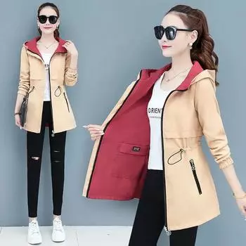 Весенне-осенняя ветровка с капюшоном, женская ветровка, двусторонняя, с затягивающимся поясом, женская XXXXXL хаки/красный